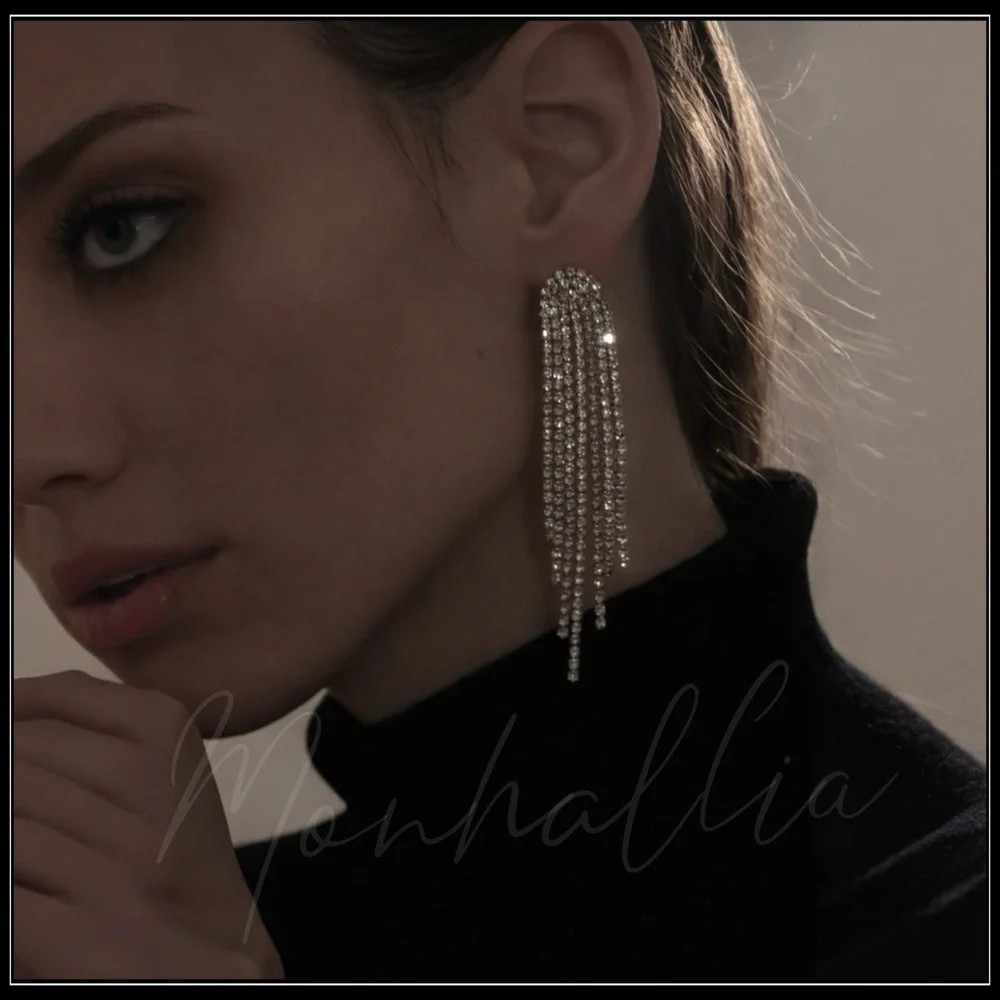 NEW GOLD SIMULATED DIAMOND LONG WATERFALL MULTI STRAND STONE EARRINGS